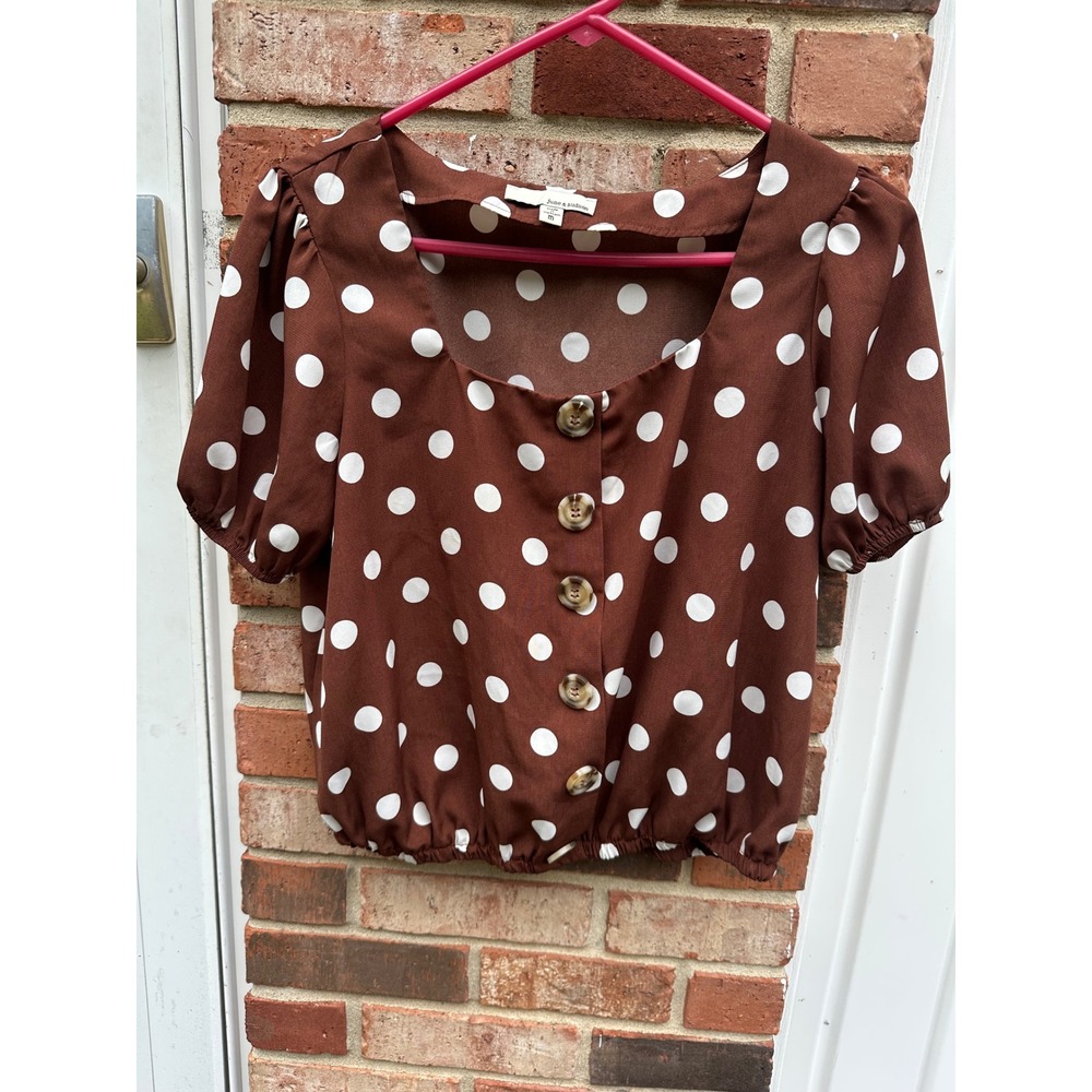 June & Hudson Brown Polka Dot Puff Sleeve Crop Blouse Medium #0055